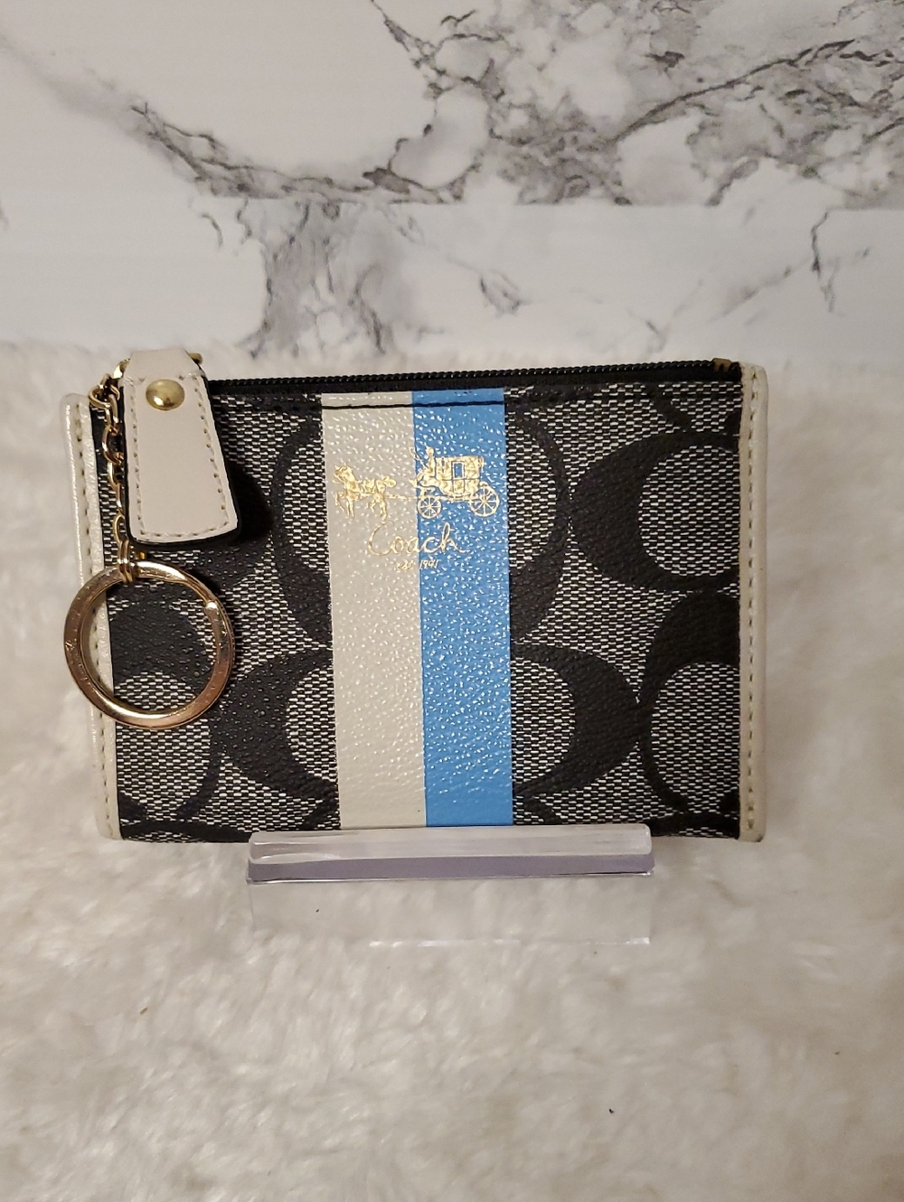 Coach Black Signature Card Case with Blue & White Stripe and Gold Hardware EUC